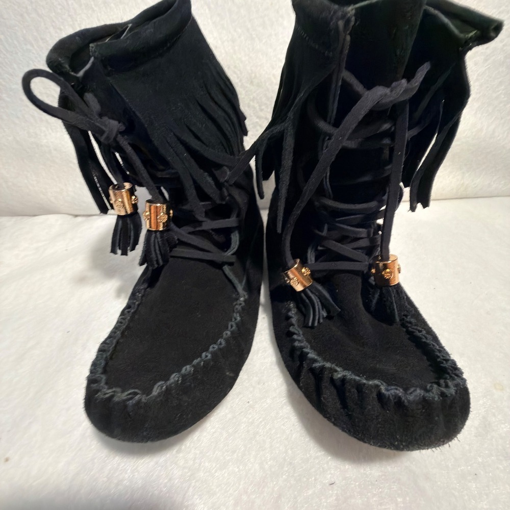 Tory Burch Black Suede Fringe Moccasin Boots Gold Logo Lace Up Ankle Booties- 7 - Picture 2 of 10